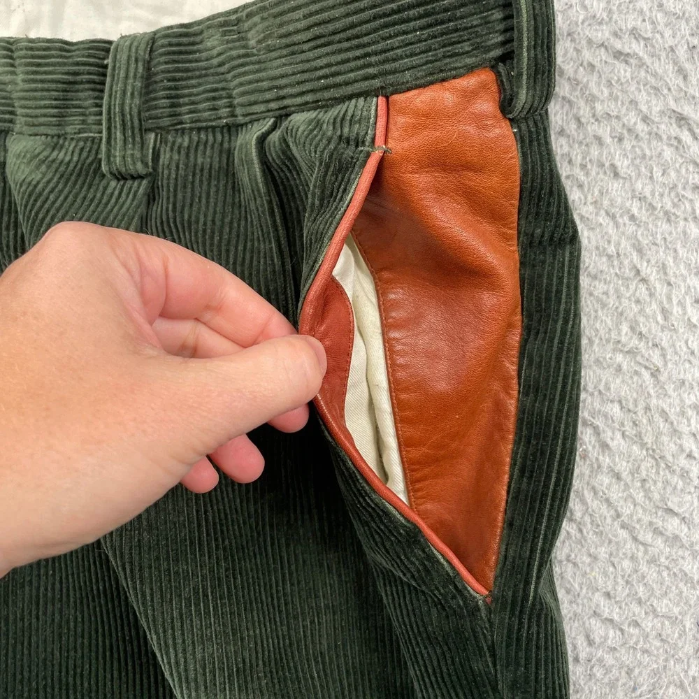 Orvis Corduroy Pants Mens 40 Green Pleated Front Leather Trim Cuffed Trousers